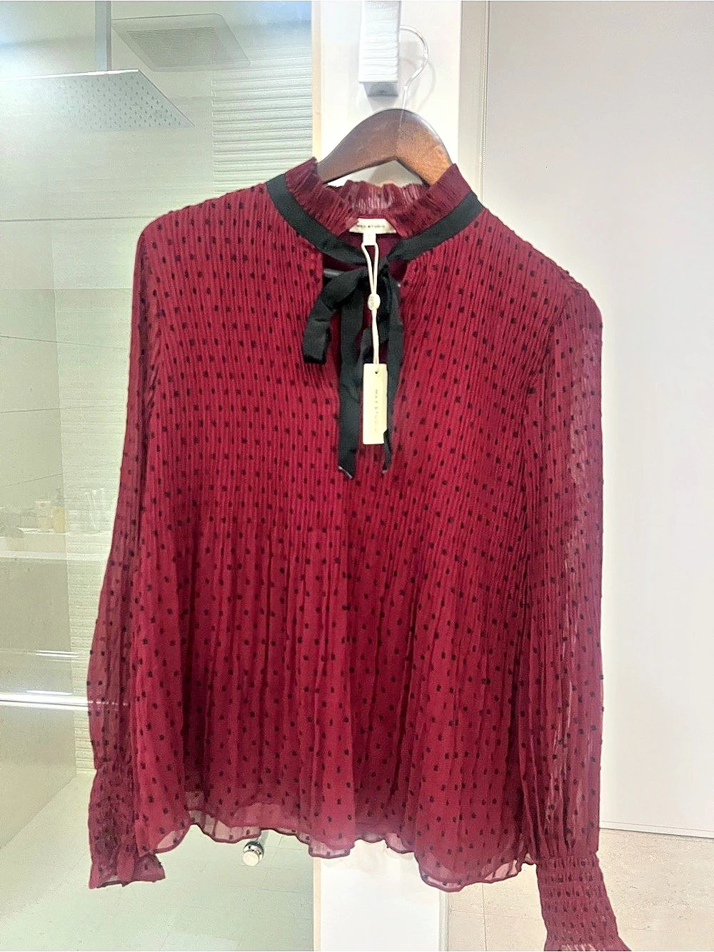 Max Studio Pleated Swiss Dot Tie Neck Blouse Polka Dot Blouse in Burgundy &